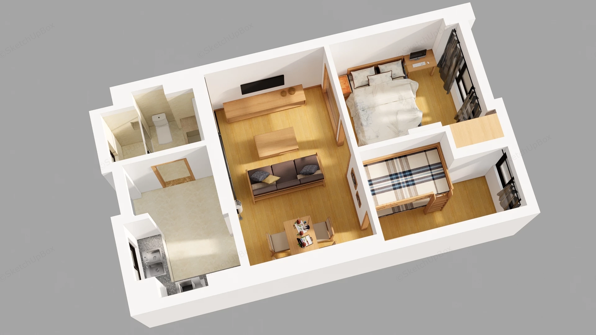 2 Bedroom Apartment Floor Plan sketchup model preview - SketchupBox