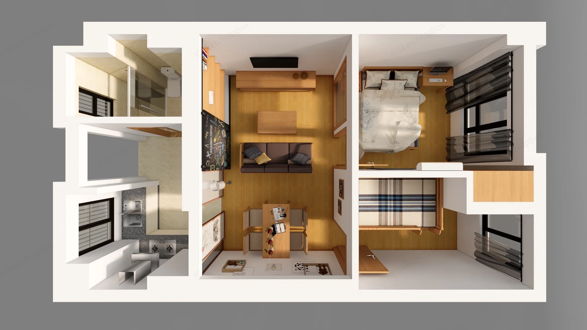 2 Bedroom Apartment Floor Plan sketchup model preview - SketchupBox