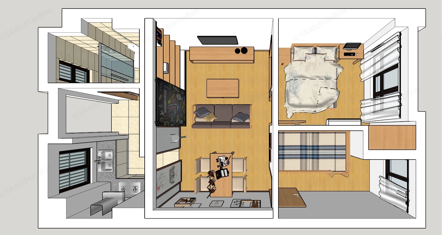 2 Bedroom Apartment Floor Plan sketchup model preview - SketchupBox