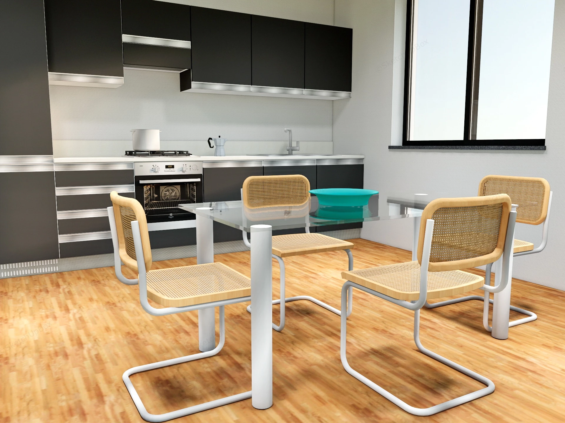 Single Wall Kitchen With Dining Table sketchup model preview - SketchupBox
