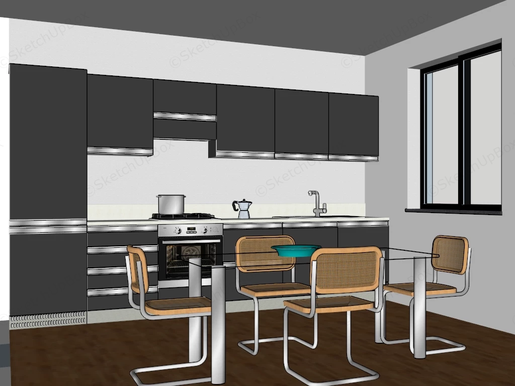 Single Wall Kitchen With Dining Table sketchup model preview - SketchupBox