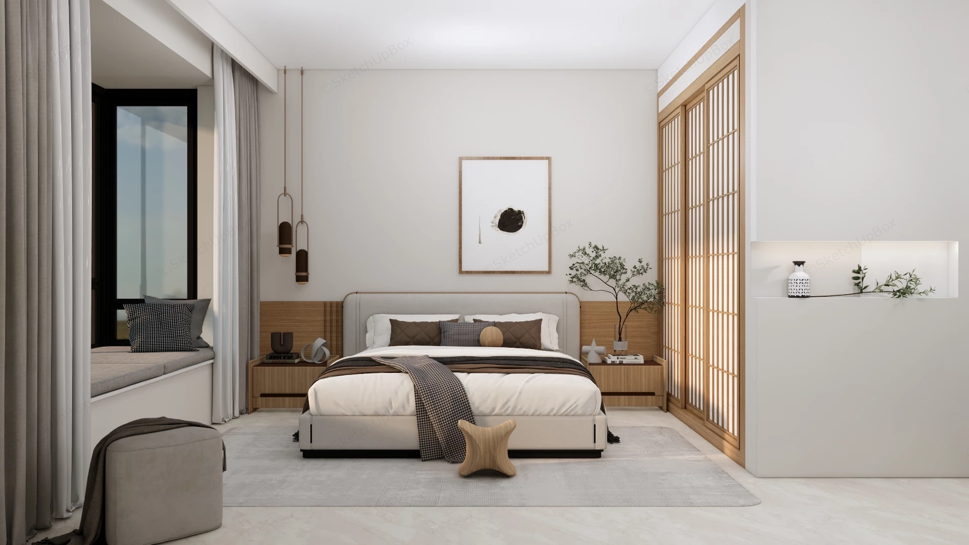 Organic Modern Bedroom With Bay Window sketchup model preview - SketchupBox