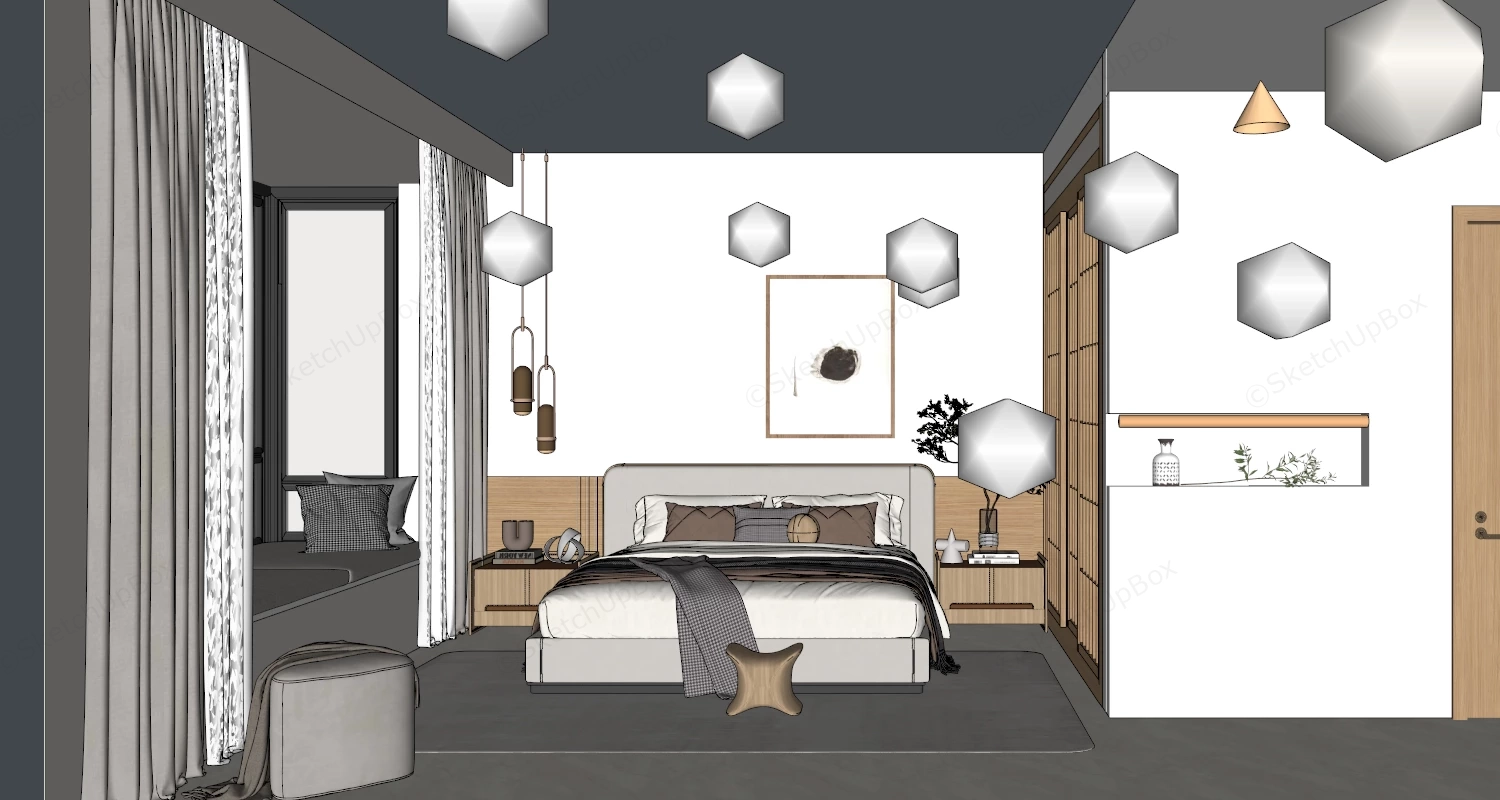 Organic Modern Bedroom With Bay Window sketchup model preview - SketchupBox