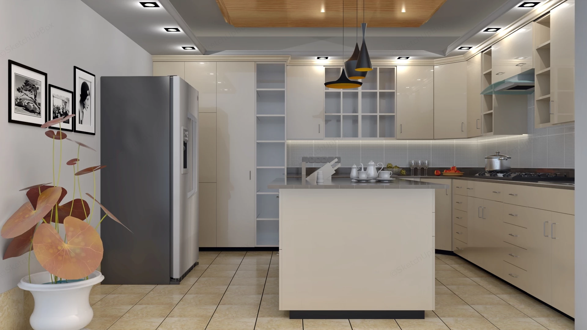 Small Cream Kitchen With Island sketchup model preview - SketchupBox