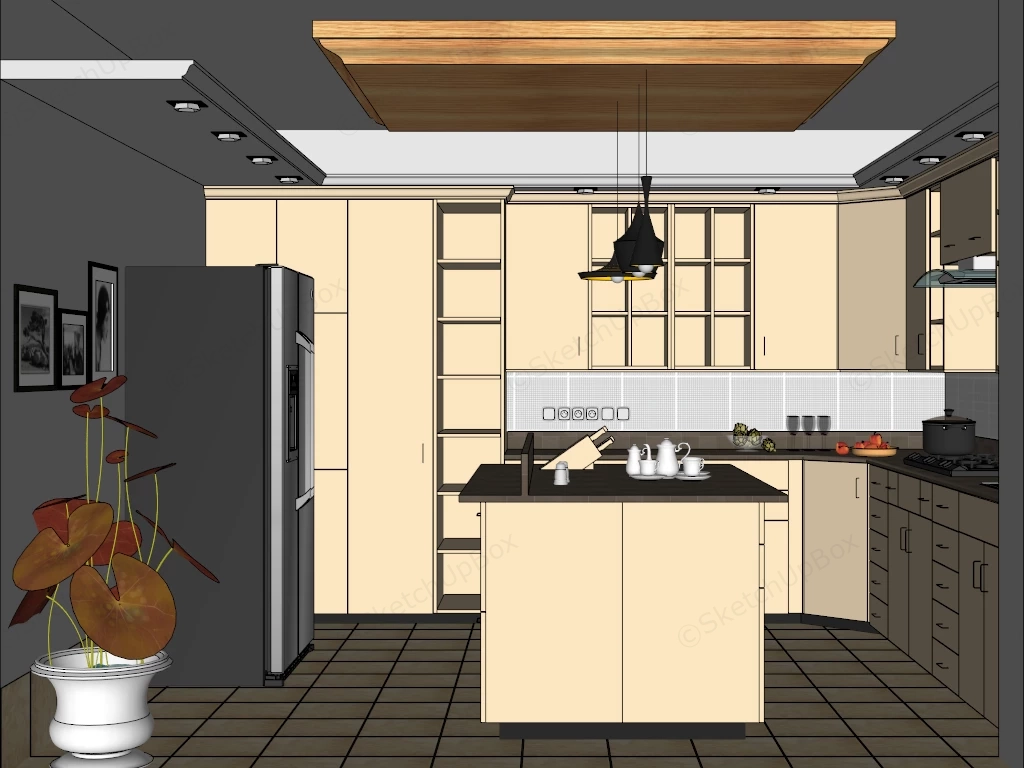 Small Cream Kitchen With Island sketchup model preview - SketchupBox