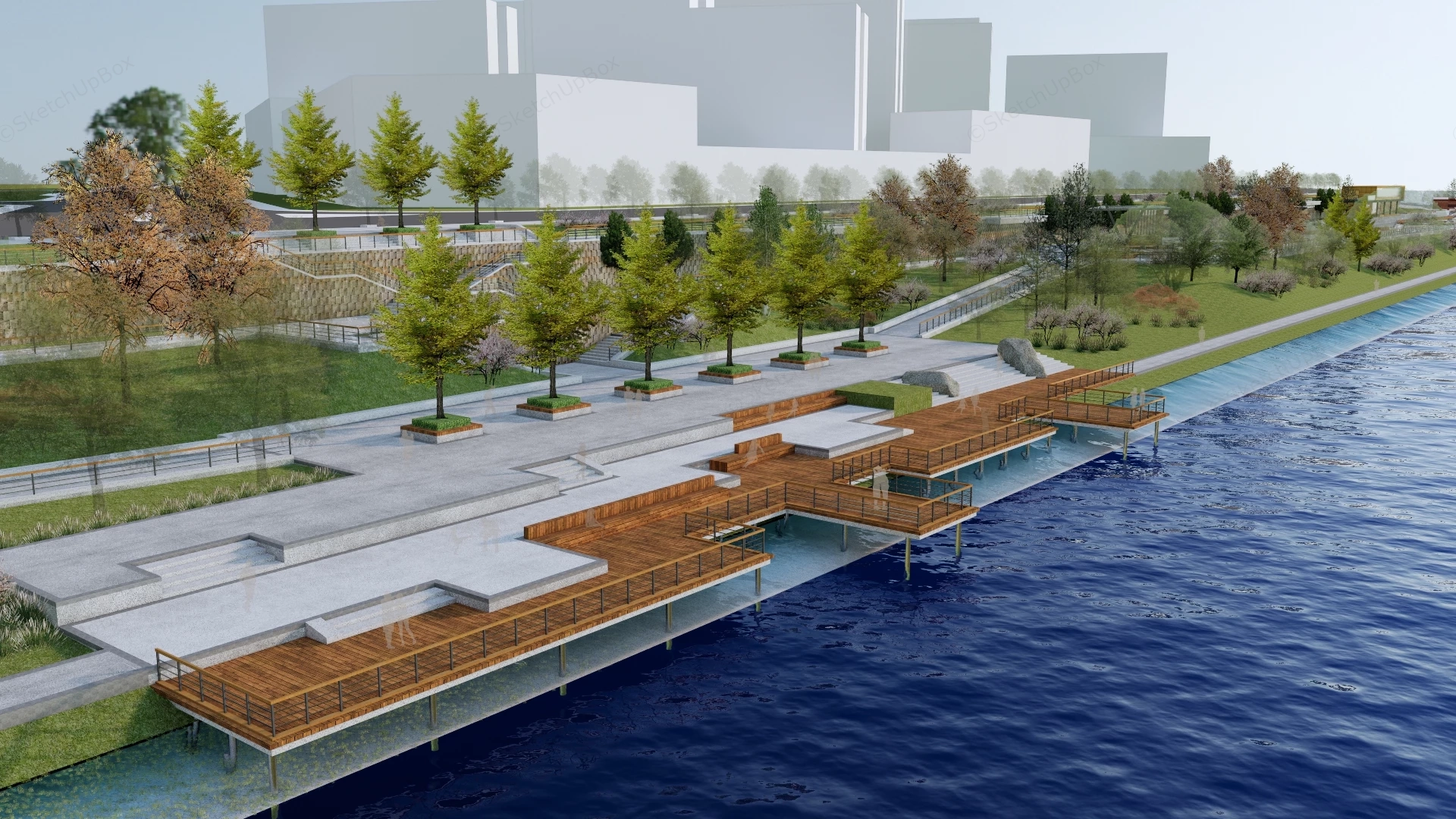 Waterfront Urban City Park sketchup model preview - SketchupBox