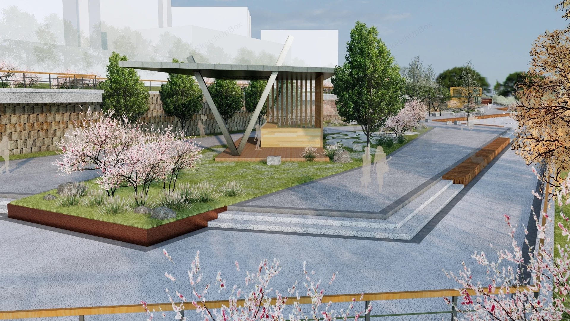 Waterfront Urban City Park sketchup model preview - SketchupBox