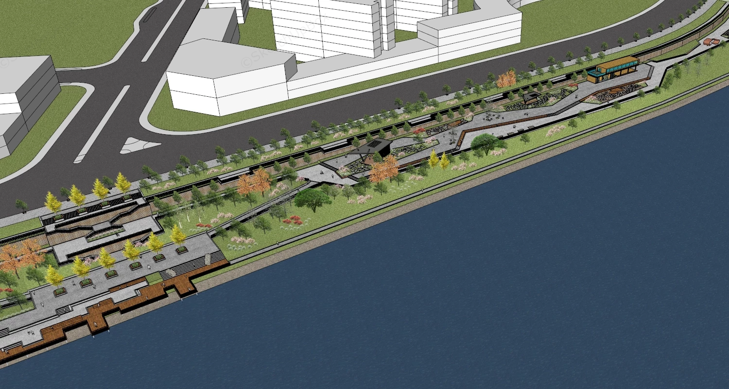 Waterfront Urban City Park sketchup model preview - SketchupBox