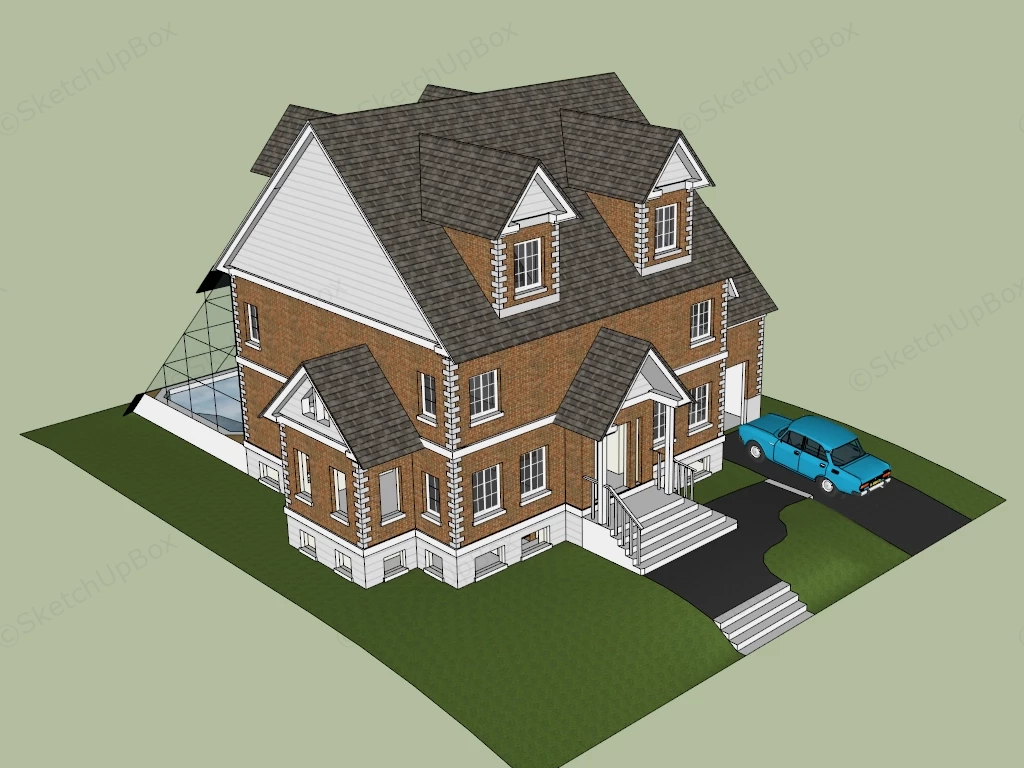 Brick Craftsman House With Pool sketchup model preview - SketchupBox
