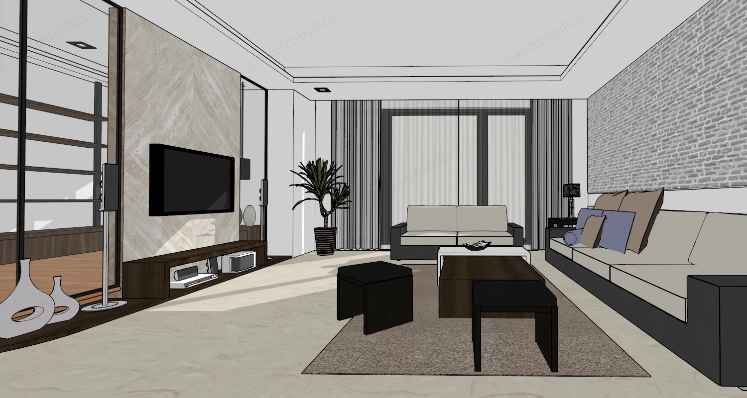Modern Living Room Layout sketchup model preview - SketchupBox