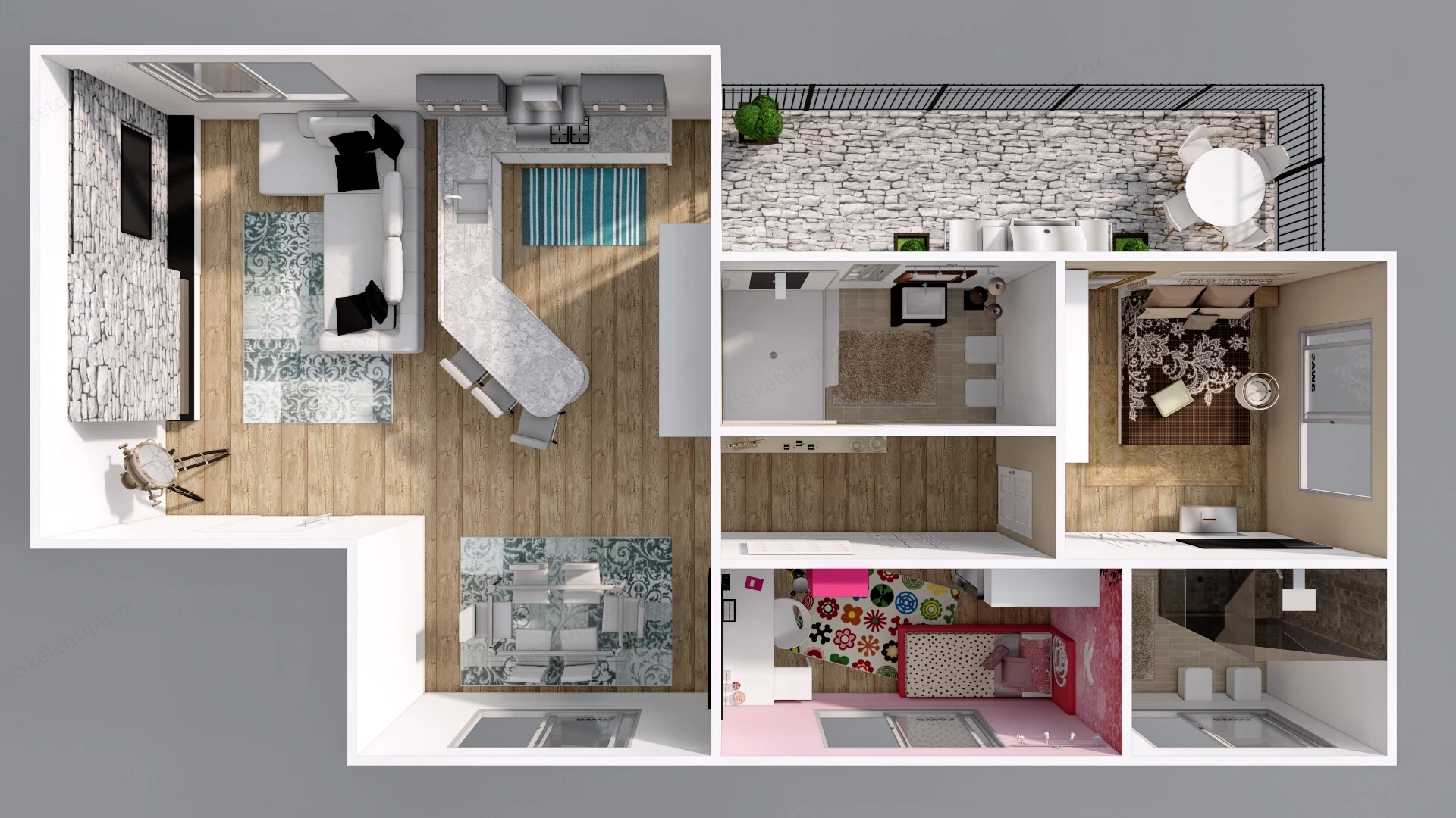 2 Bedroom Apartment Floor Plan sketchup model preview - SketchupBox