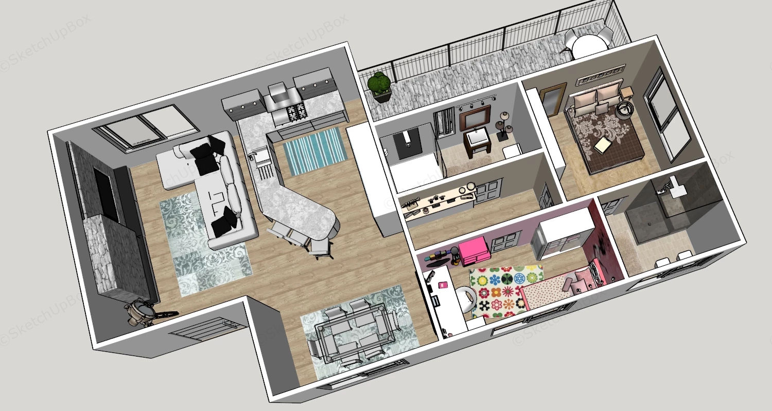 2 Bedroom Apartment Floor Plan sketchup model preview - SketchupBox