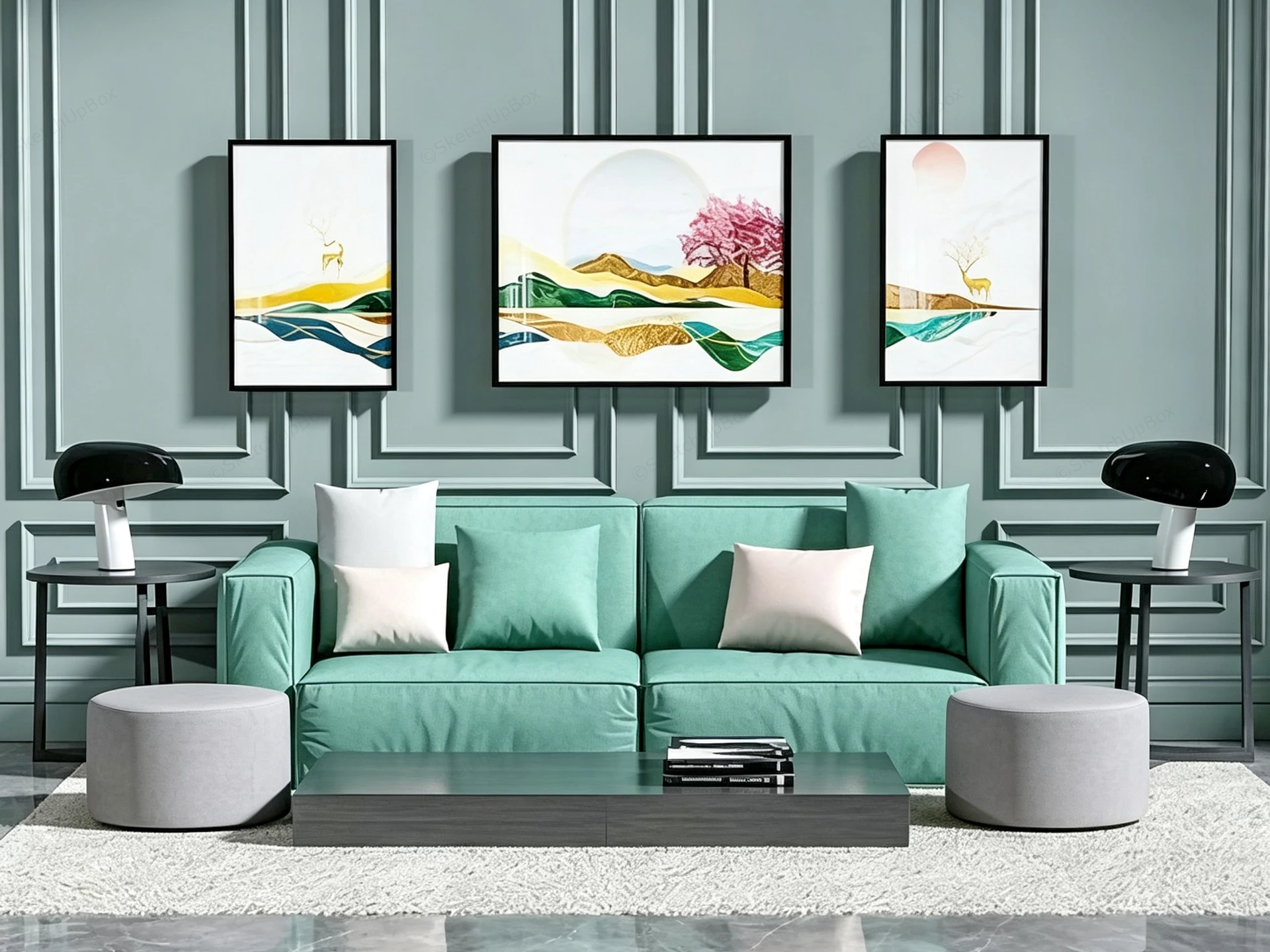 Green Sofa Living Room sketchup model preview - SketchupBox