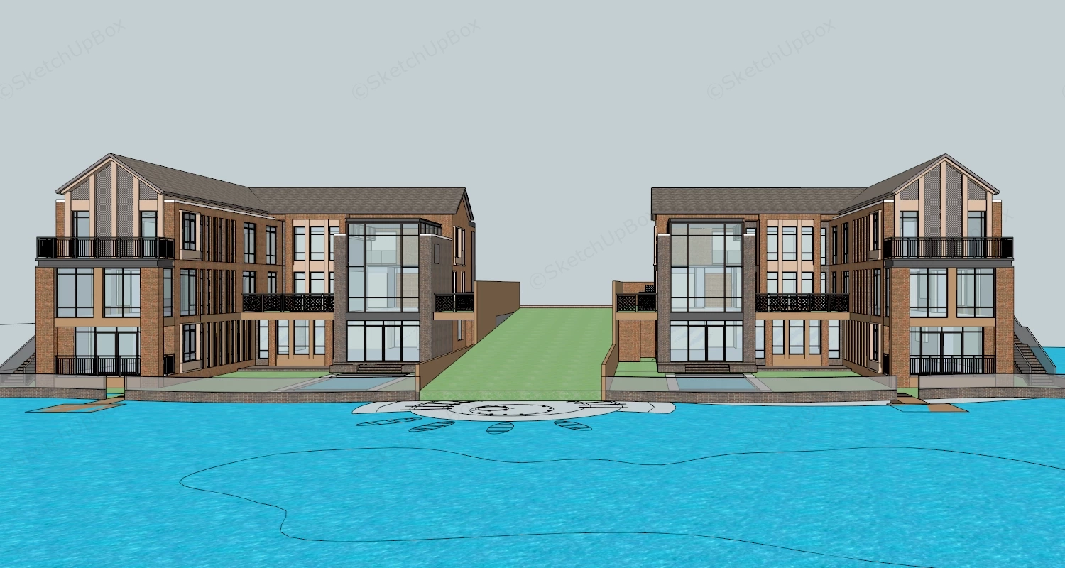 Waterfront Red Brick Villas sketchup model preview - SketchupBox