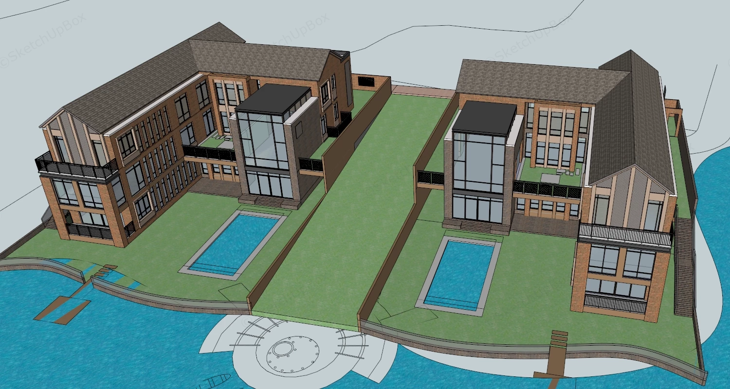 Waterfront Red Brick Villas sketchup model preview - SketchupBox