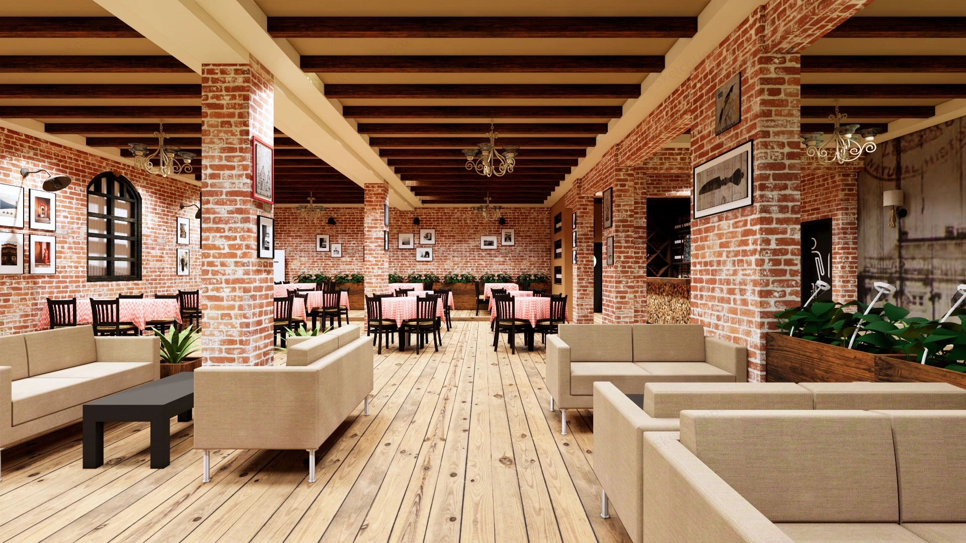 Rustic Industrial Restaurant Interior sketchup model preview - SketchupBox
