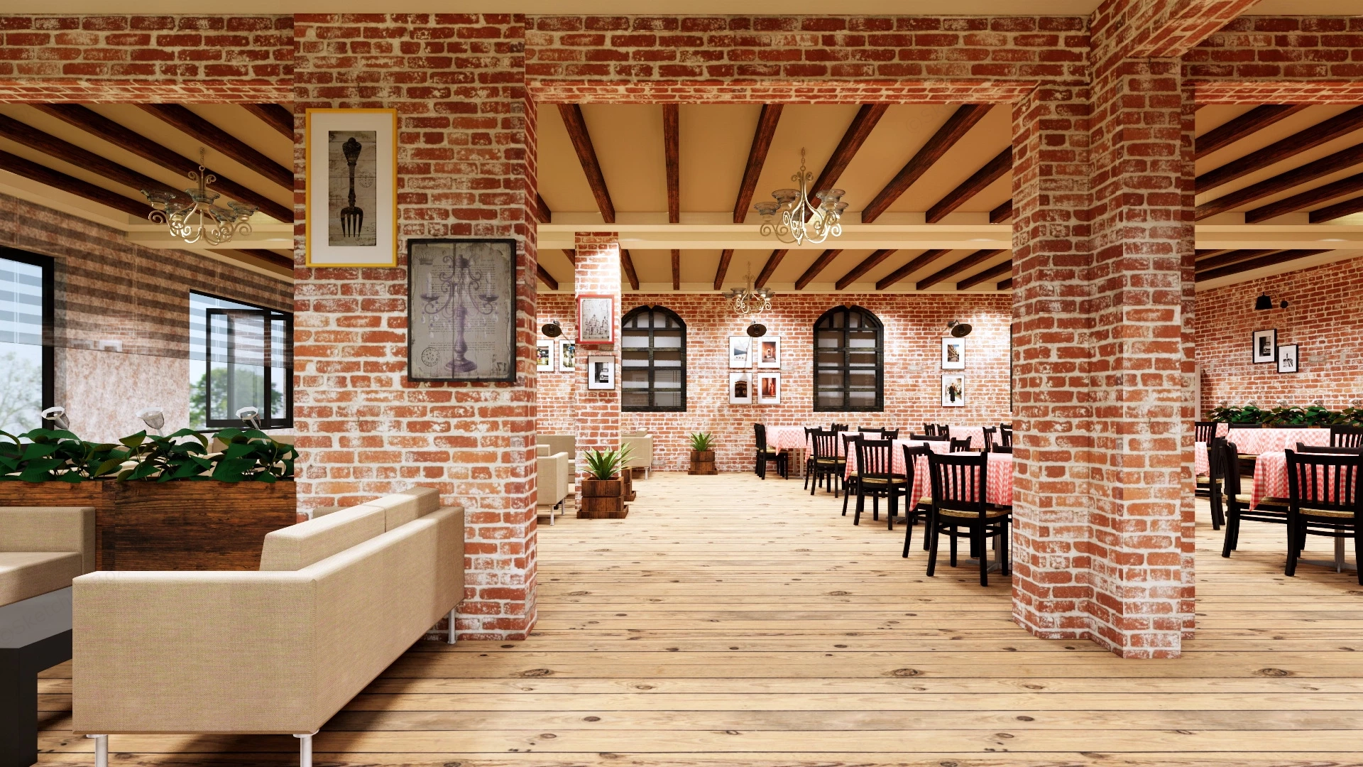 Rustic Industrial Restaurant Interior sketchup model preview - SketchupBox