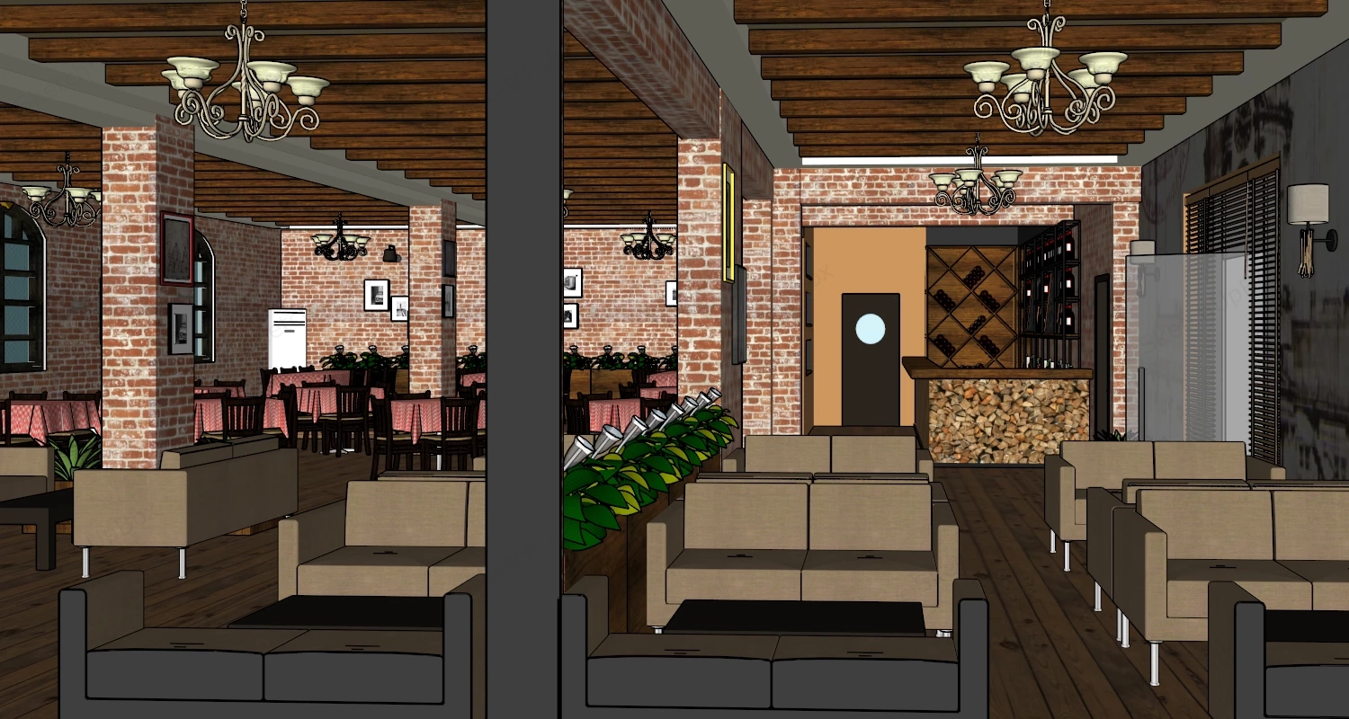 Rustic Industrial Restaurant Interior sketchup model preview - SketchupBox