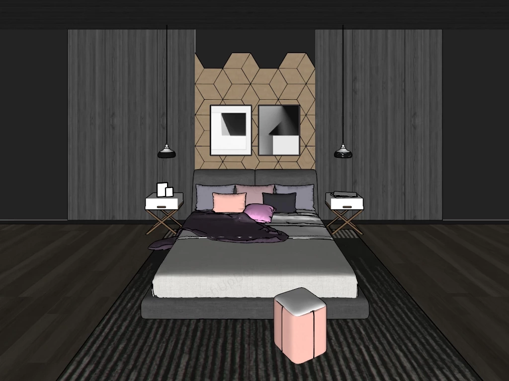 Modern Grey Bedroom Idea sketchup model preview - SketchupBox