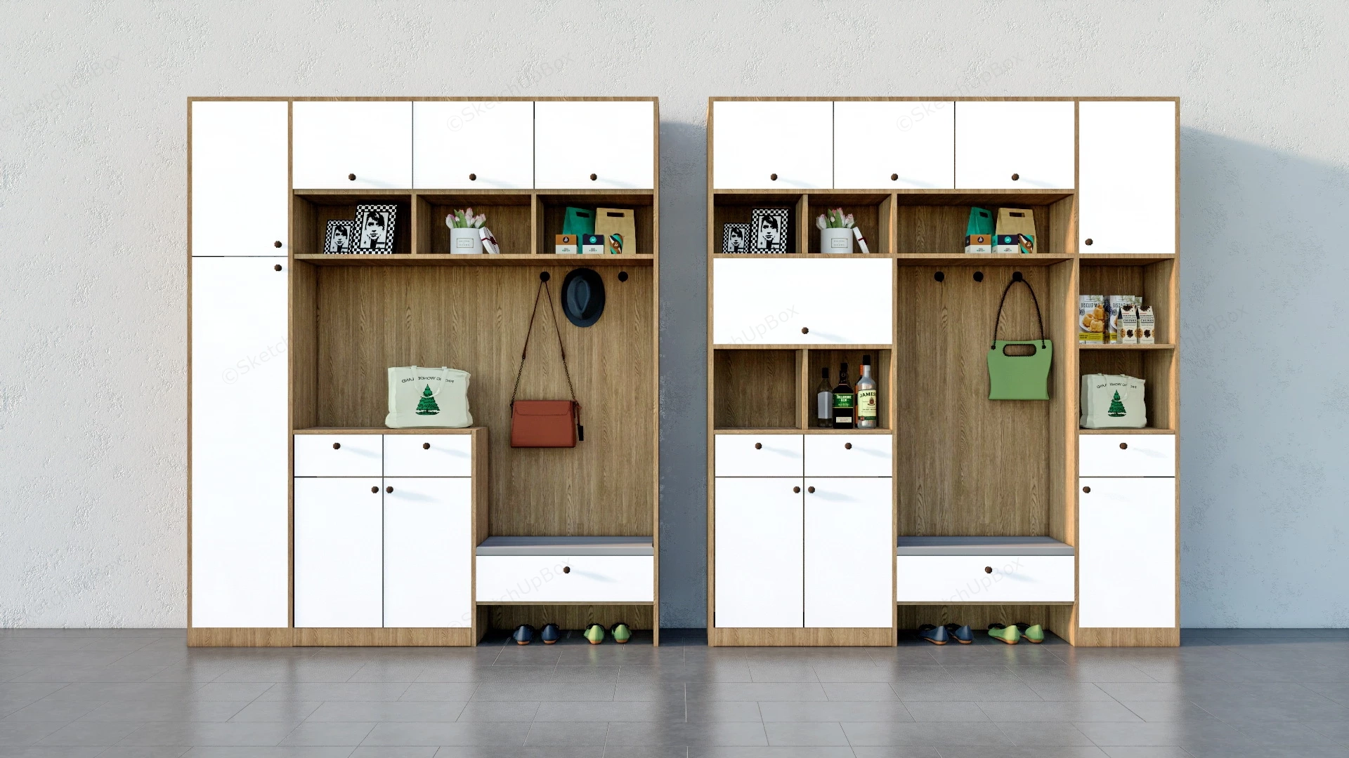 Hall Tree With Extra Side Storage Cabinets sketchup model preview - SketchupBox