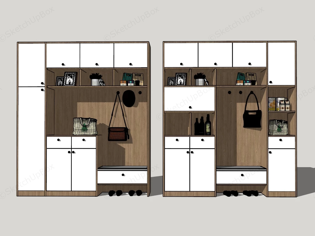 Hall Tree With Extra Side Storage Cabinets sketchup model preview - SketchupBox