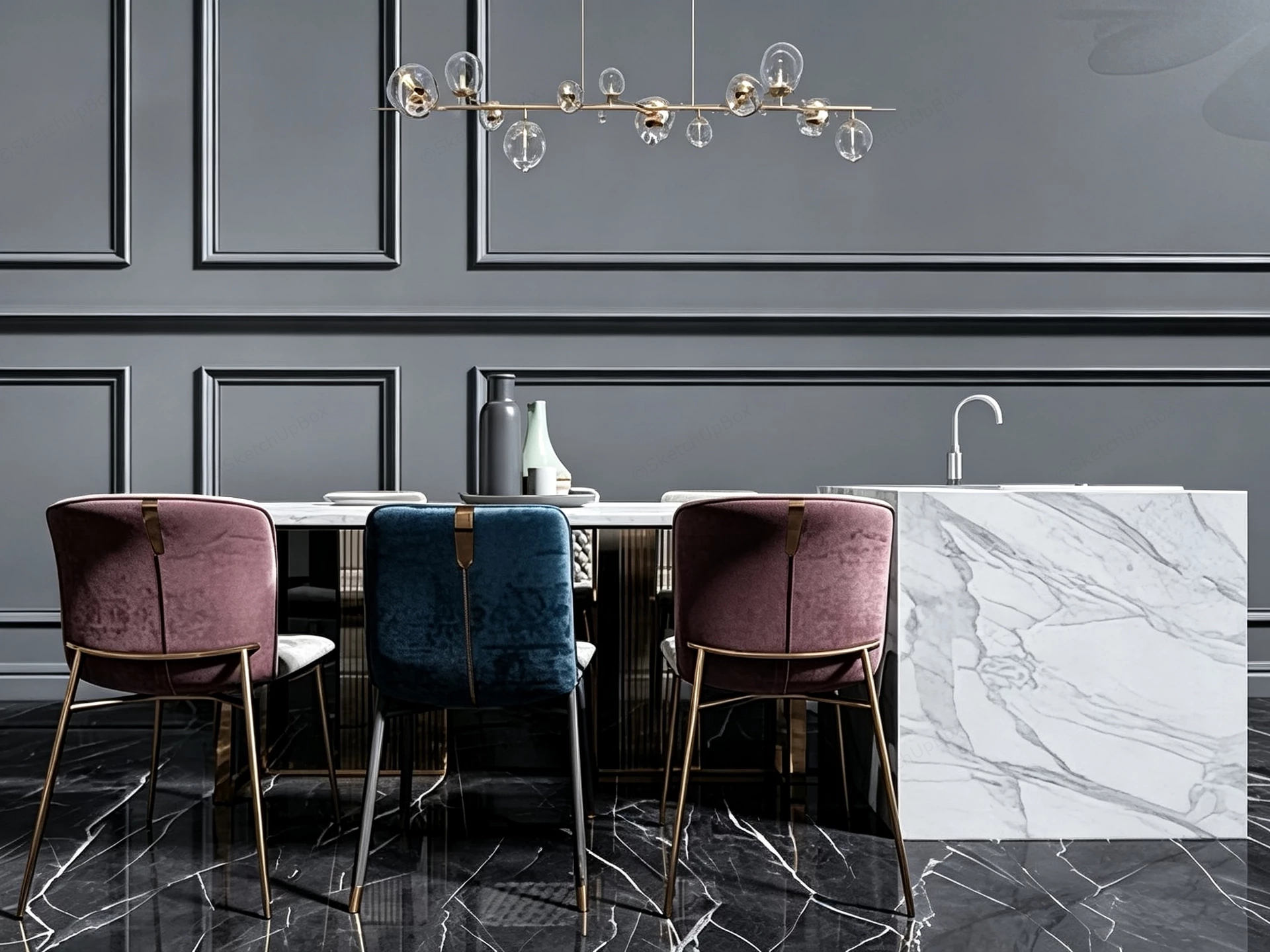 Marble Island Dining Table Set sketchup model preview - SketchupBox