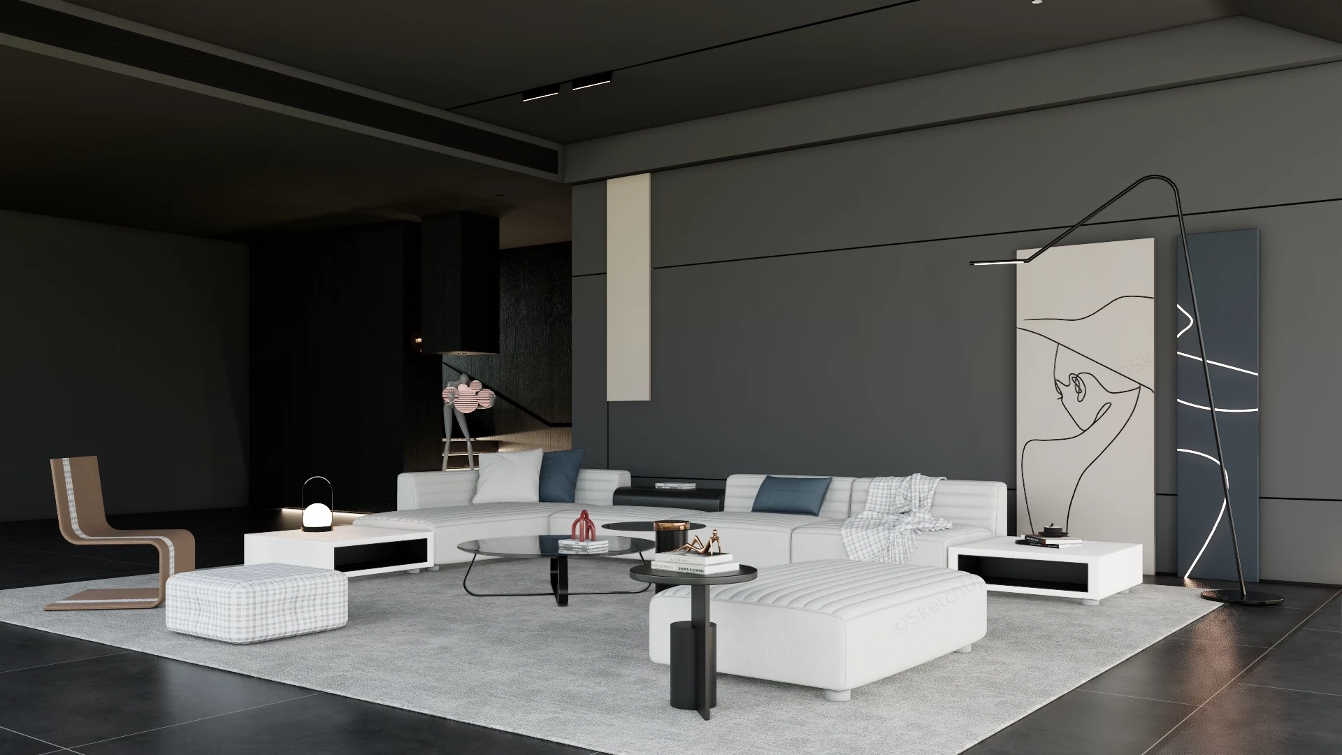 Dark Contemporary Design Living Room sketchup model preview - SketchupBox