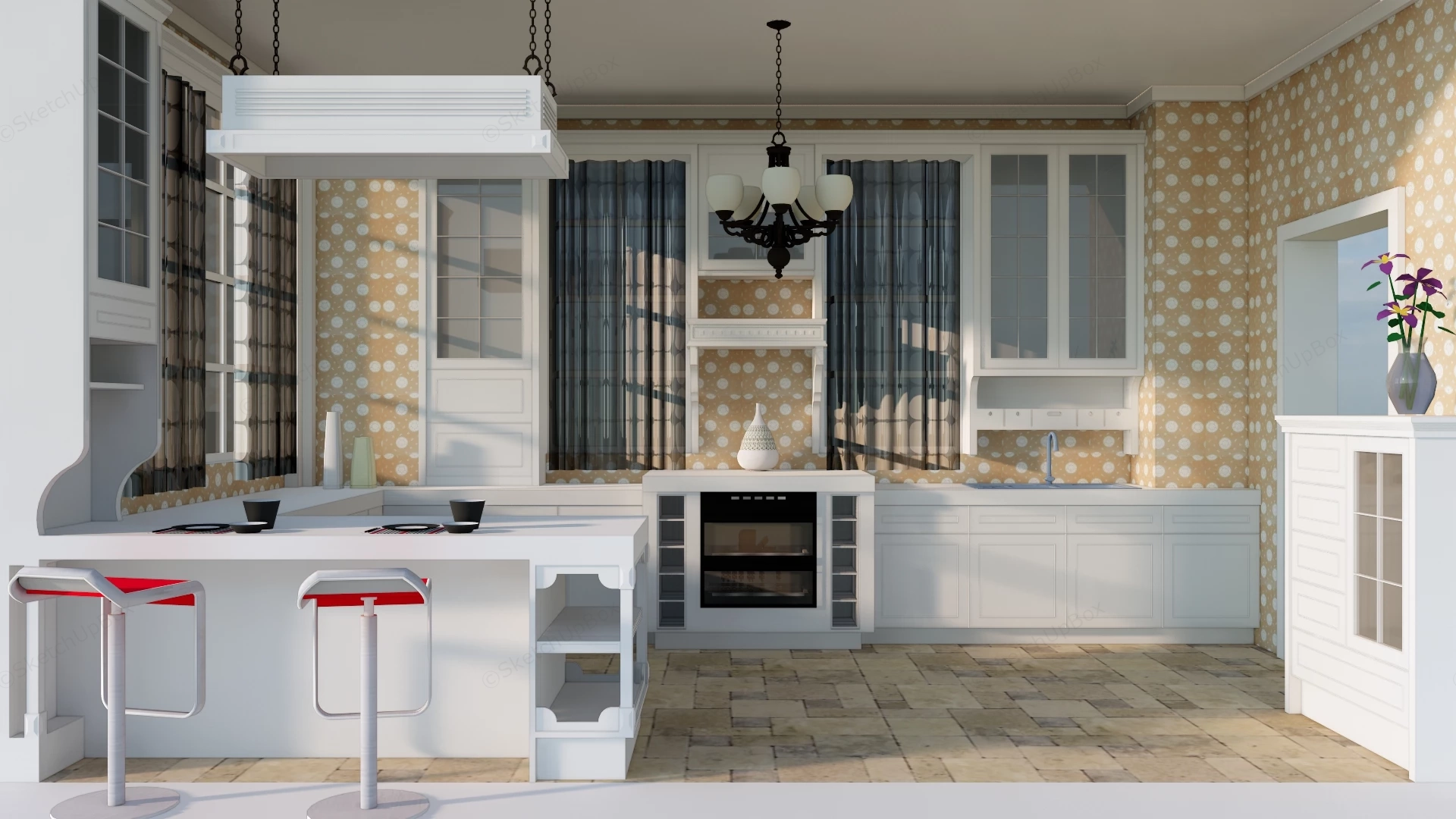 Retro Kitchen Design With Peninsula sketchup model preview - SketchupBox