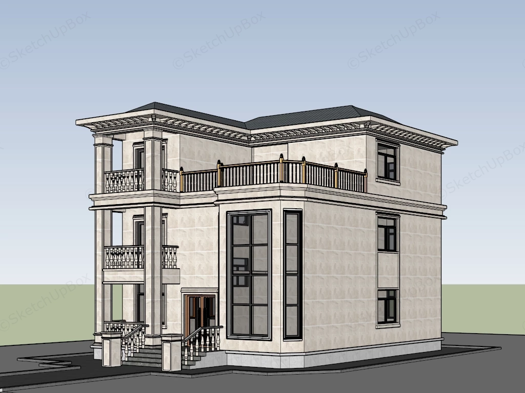 3 Storey House With Deck Design sketchup model preview - SketchupBox