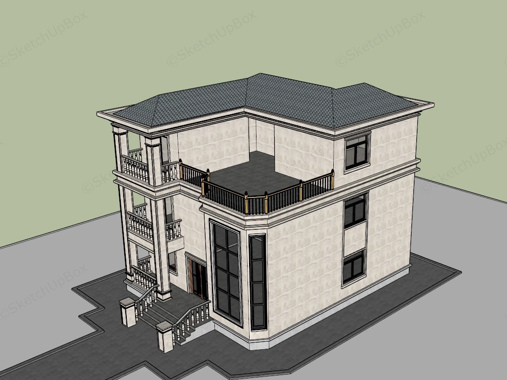 3 Storey House With Deck Design sketchup model preview - SketchupBox