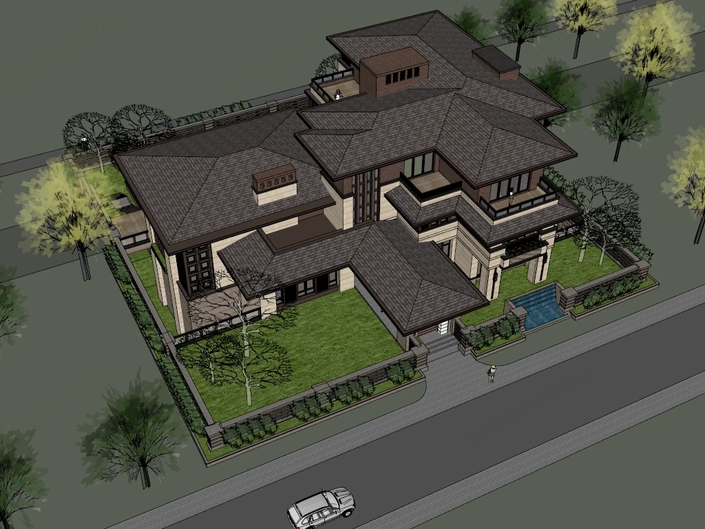 Asian Style Mansion sketchup model preview - SketchupBox