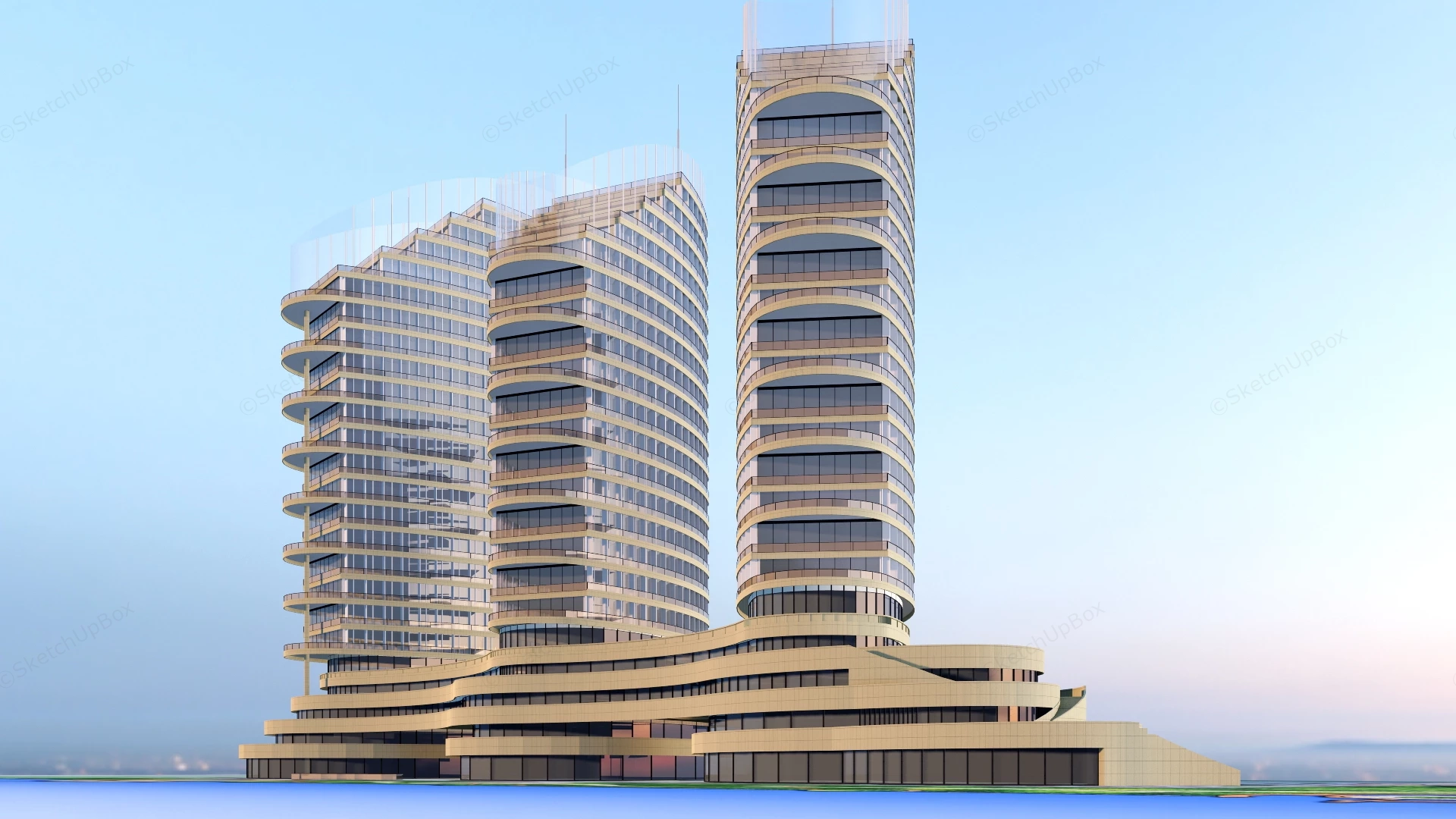 Luxury Waterfront Hotel Building sketchup model preview - SketchupBox