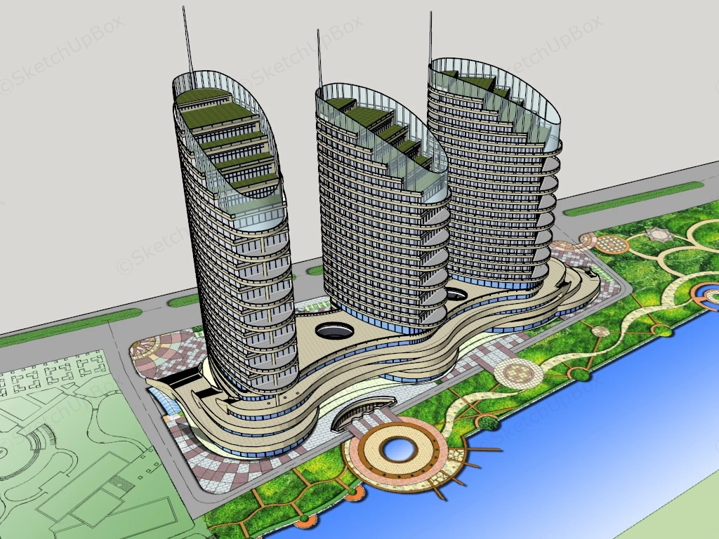 Luxury Waterfront Hotel Building sketchup model preview - SketchupBox