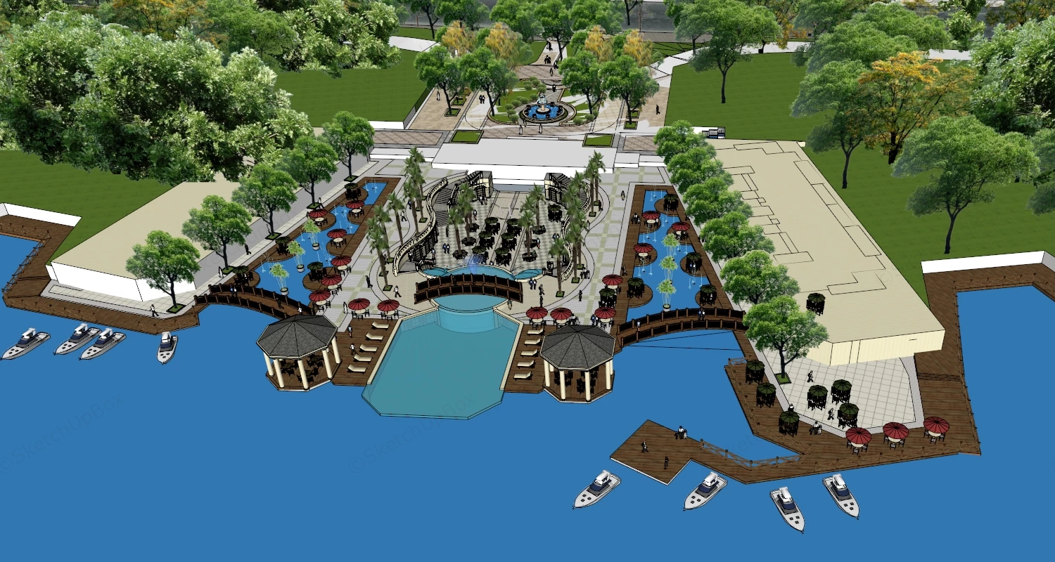 Pocket Park & Waterfront Resort Area sketchup model preview - SketchupBox