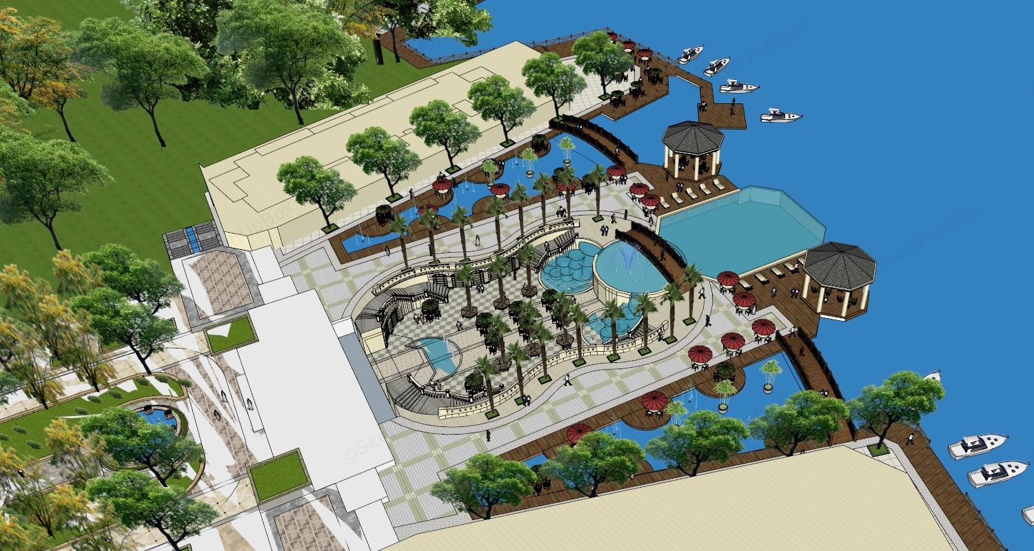 Pocket Park & Waterfront Resort Area sketchup model preview - SketchupBox