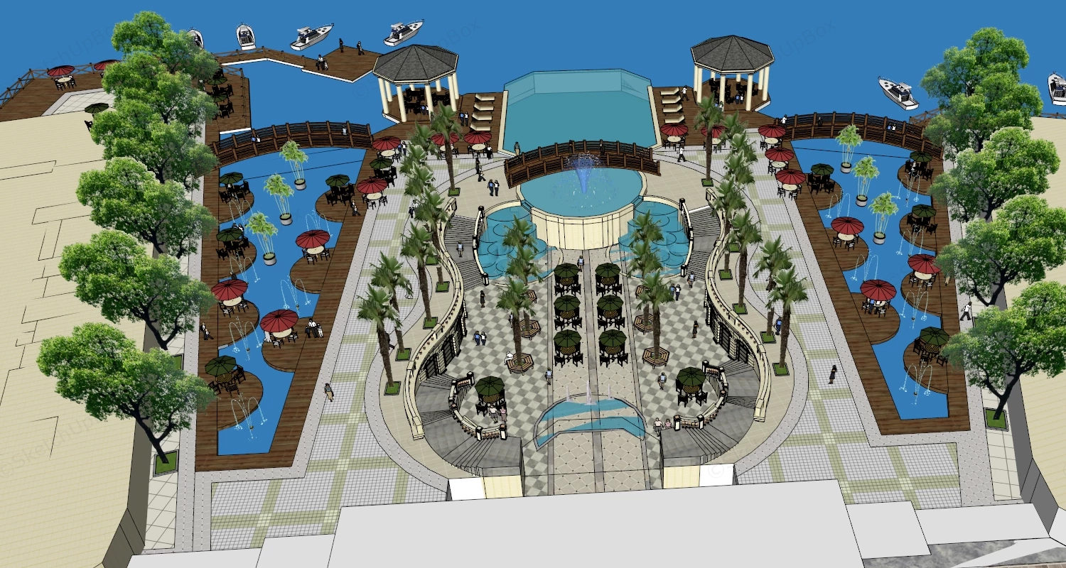 Pocket Park & Waterfront Resort Area sketchup model preview - SketchupBox