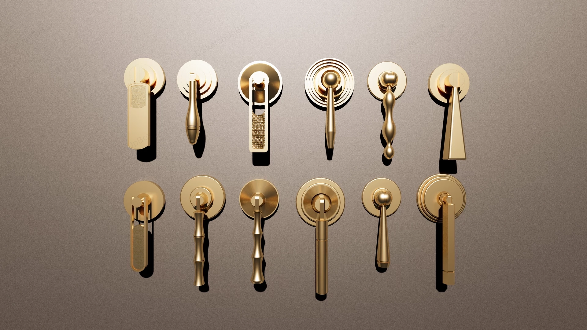 Collection Of 12 Gold Door Handles sketchup model preview - SketchupBox