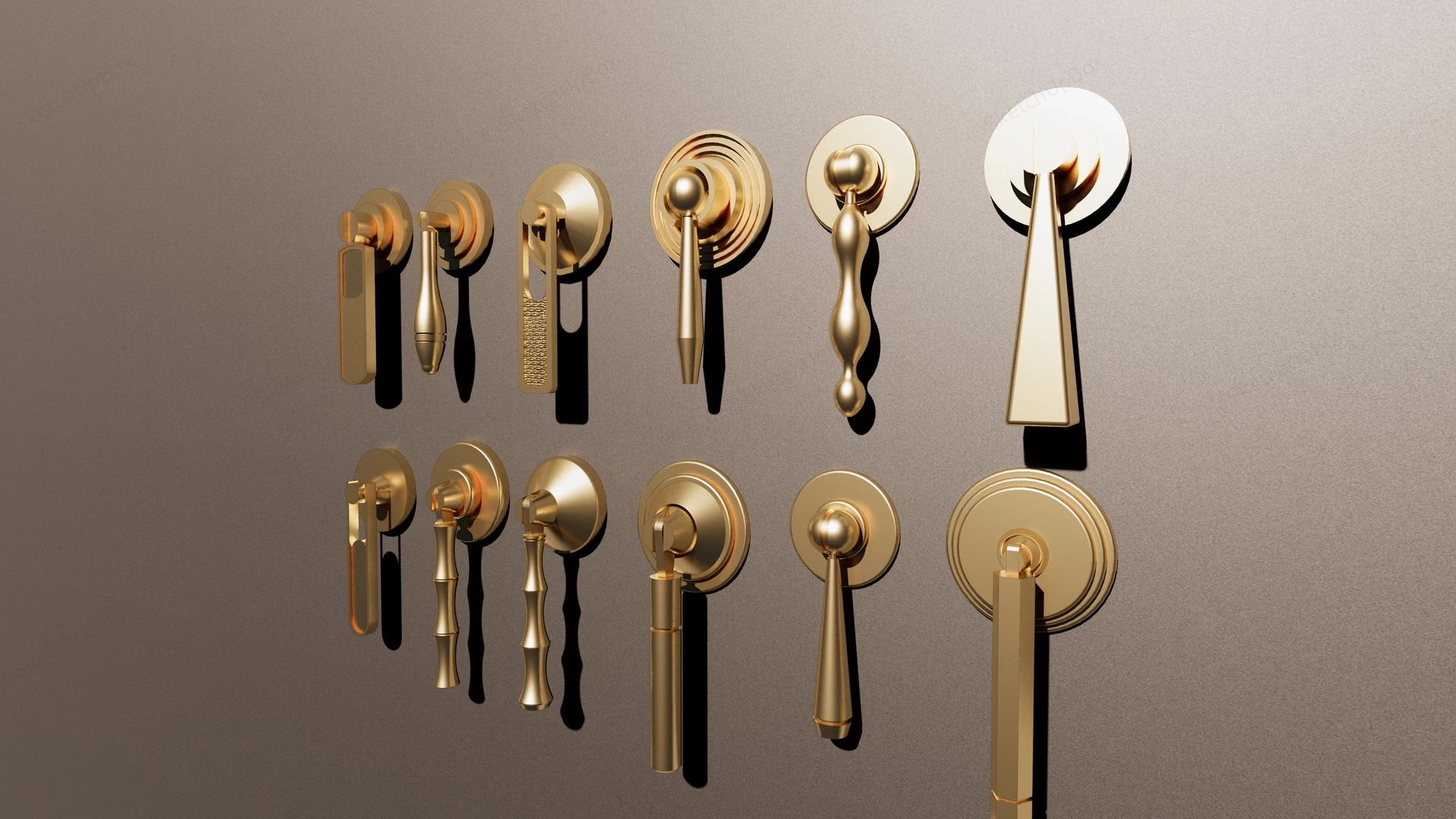 Collection Of 12 Gold Door Handles sketchup model preview - SketchupBox