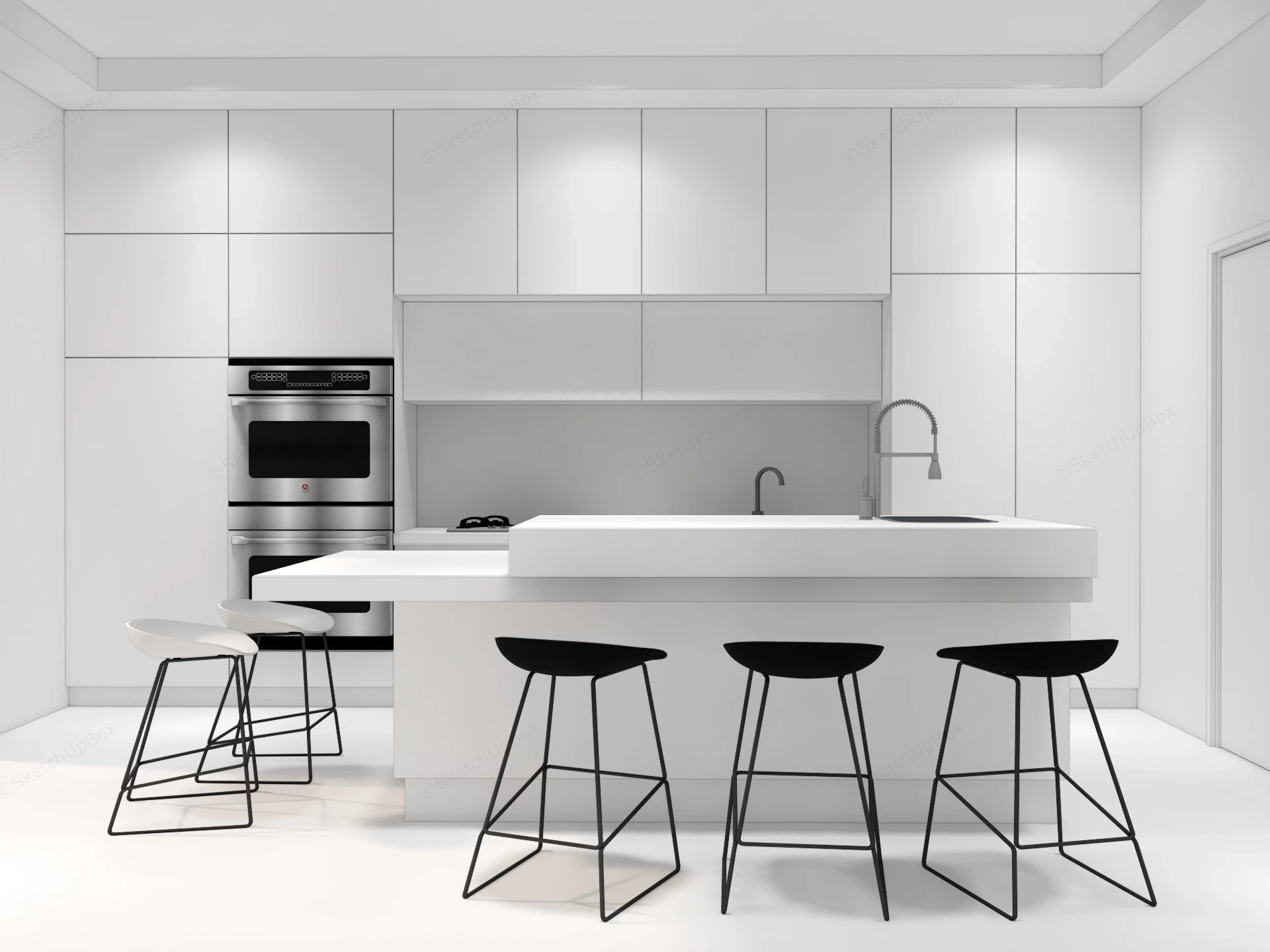 Modern White Kitchen With Central Island sketchup model preview - SketchupBox