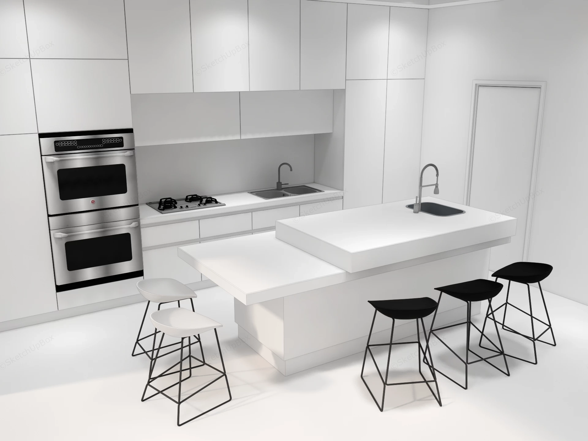 Modern White Kitchen With Central Island sketchup model preview - SketchupBox