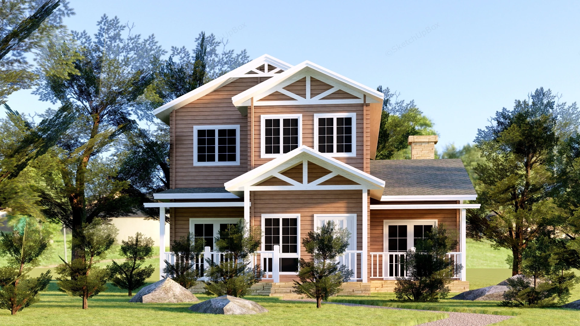 Two Story Country House sketchup model preview - SketchupBox