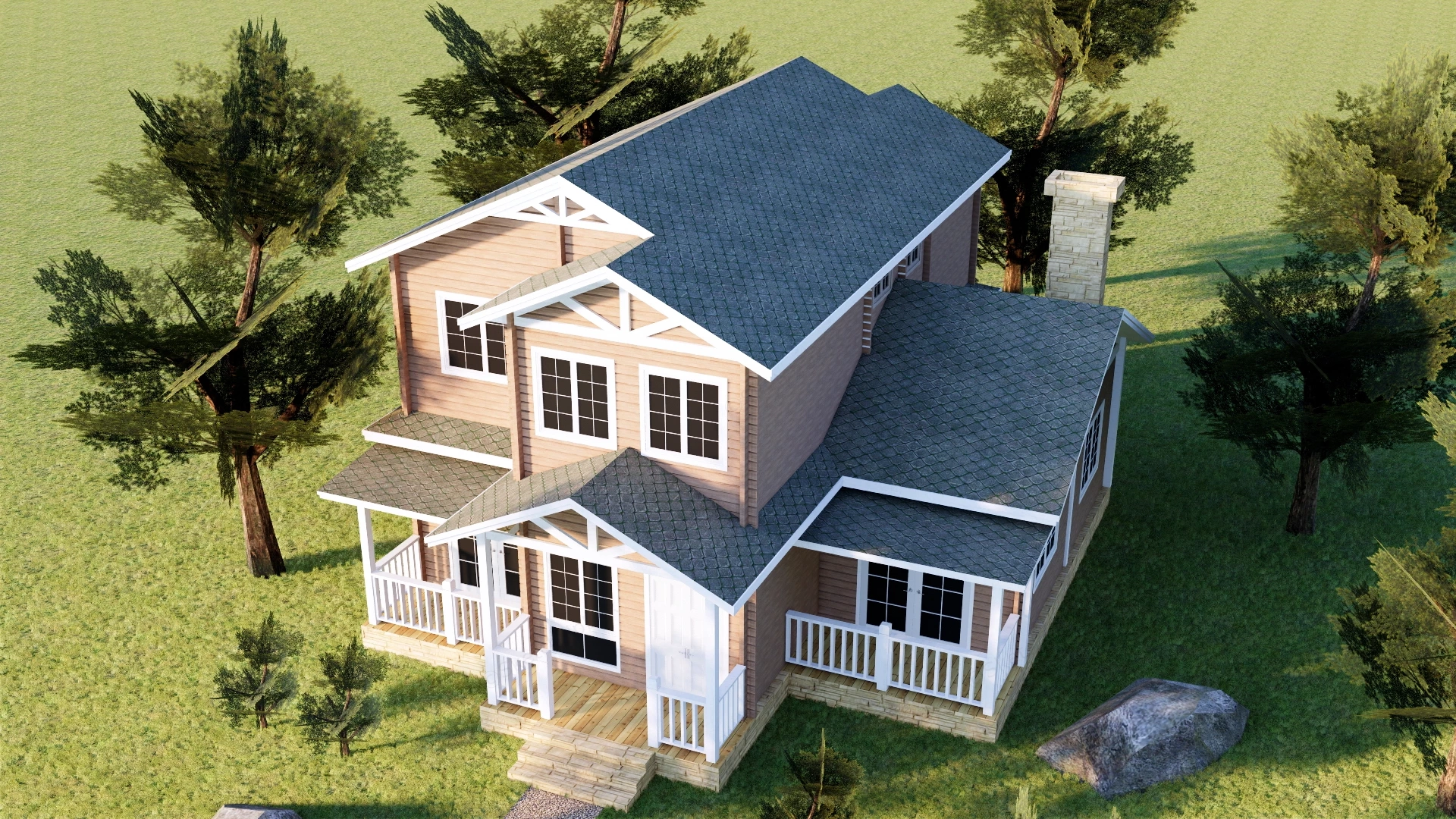 Two Story Country House sketchup model preview - SketchupBox
