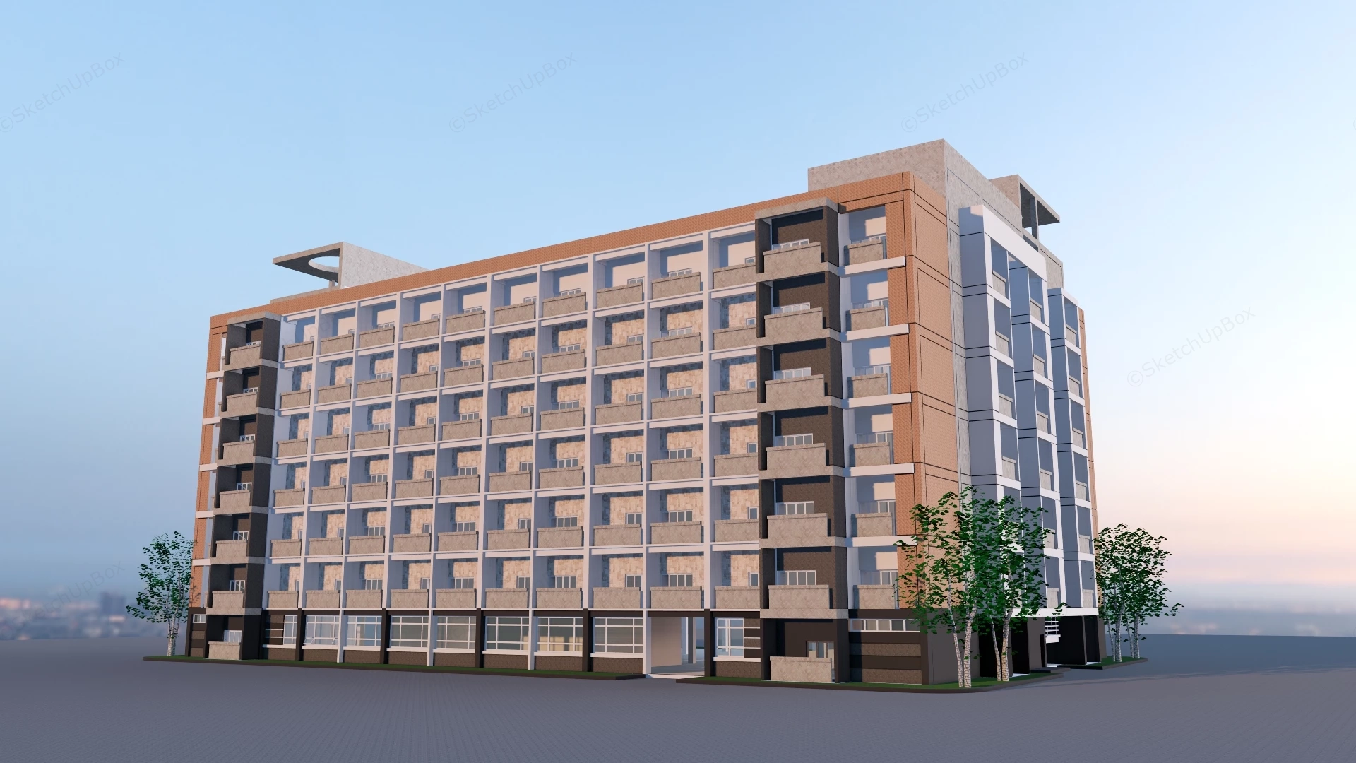 Modern Multi Story Apartment Building sketchup model preview - SketchupBox