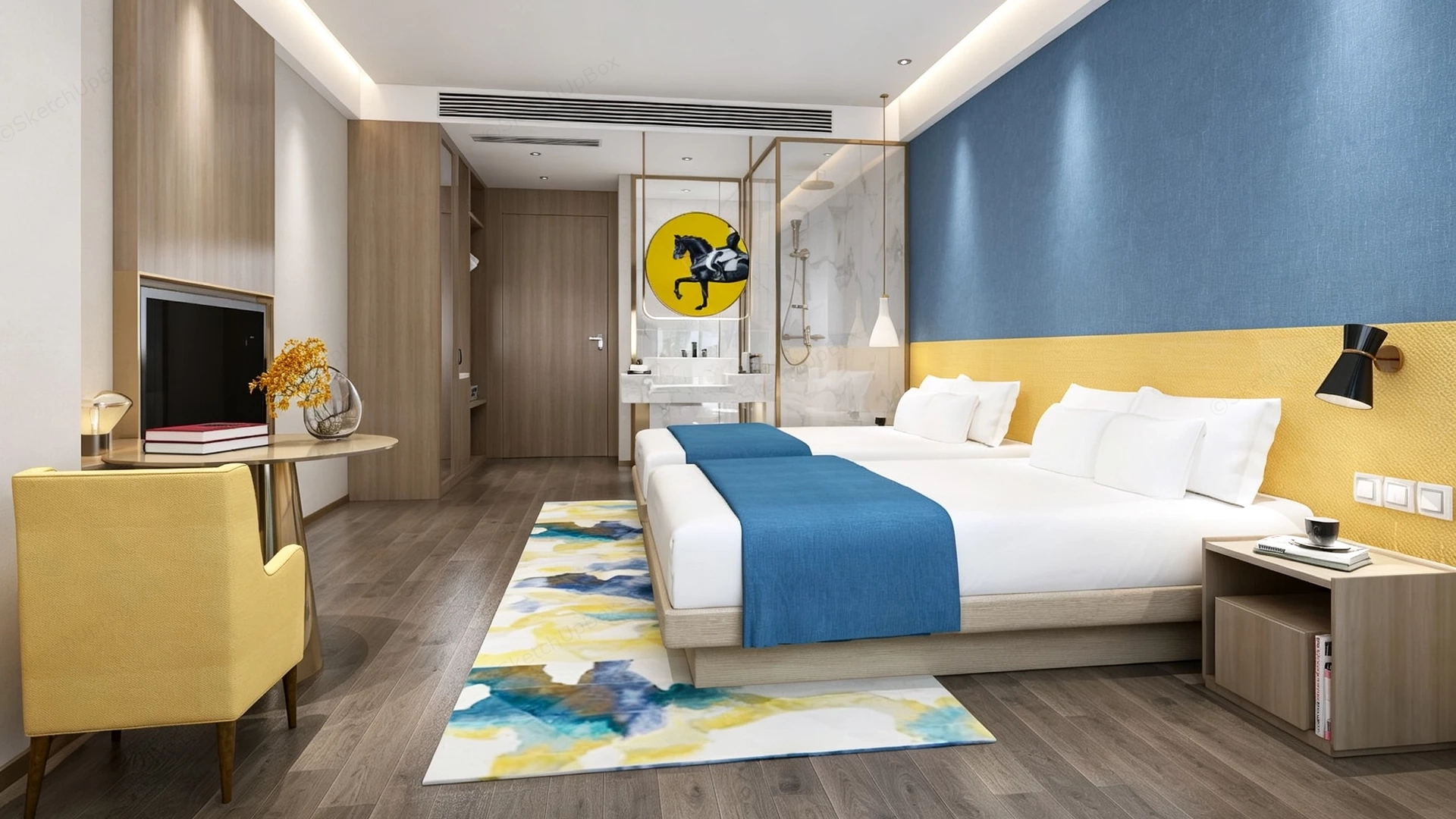 Modern Economy Hotel Twin Room Design sketchup model preview - SketchupBox