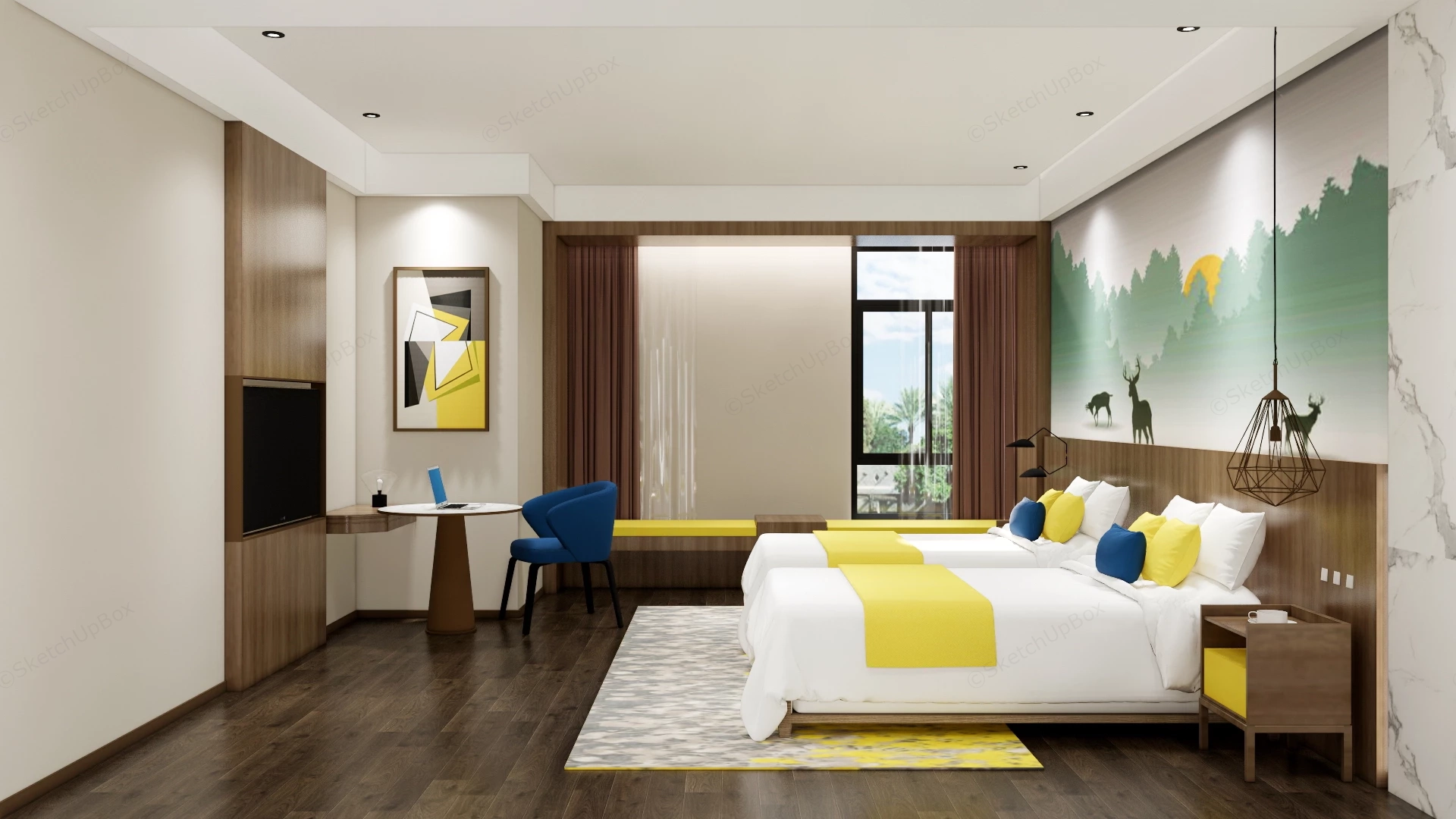 Modern Twin Room Design sketchup model preview - SketchupBox