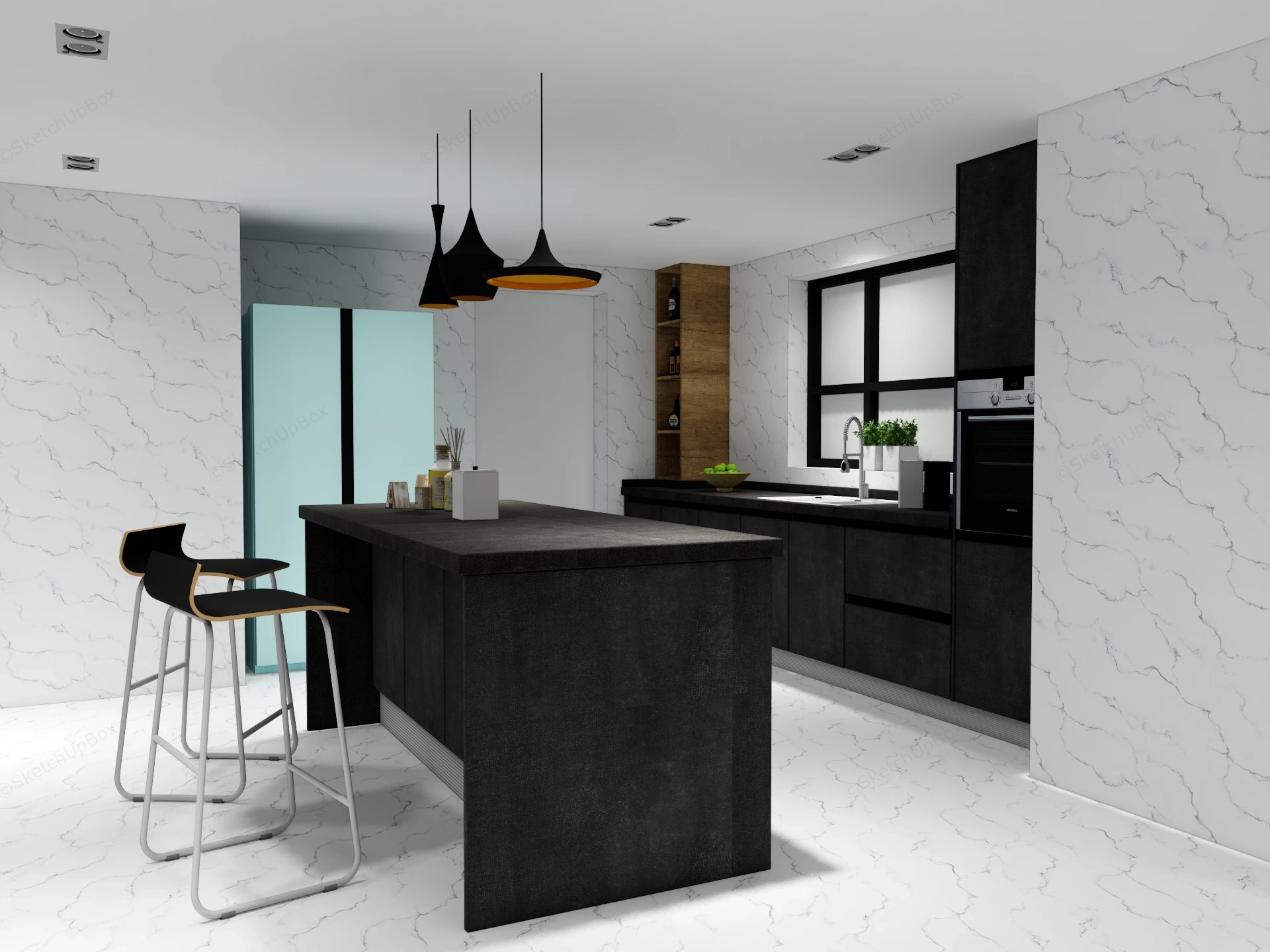 Modern Black And White Kitchen sketchup model preview - SketchupBox