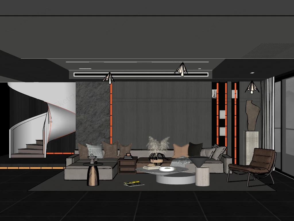 Modern Grey Living Room Ideas sketchup model preview - SketchupBox