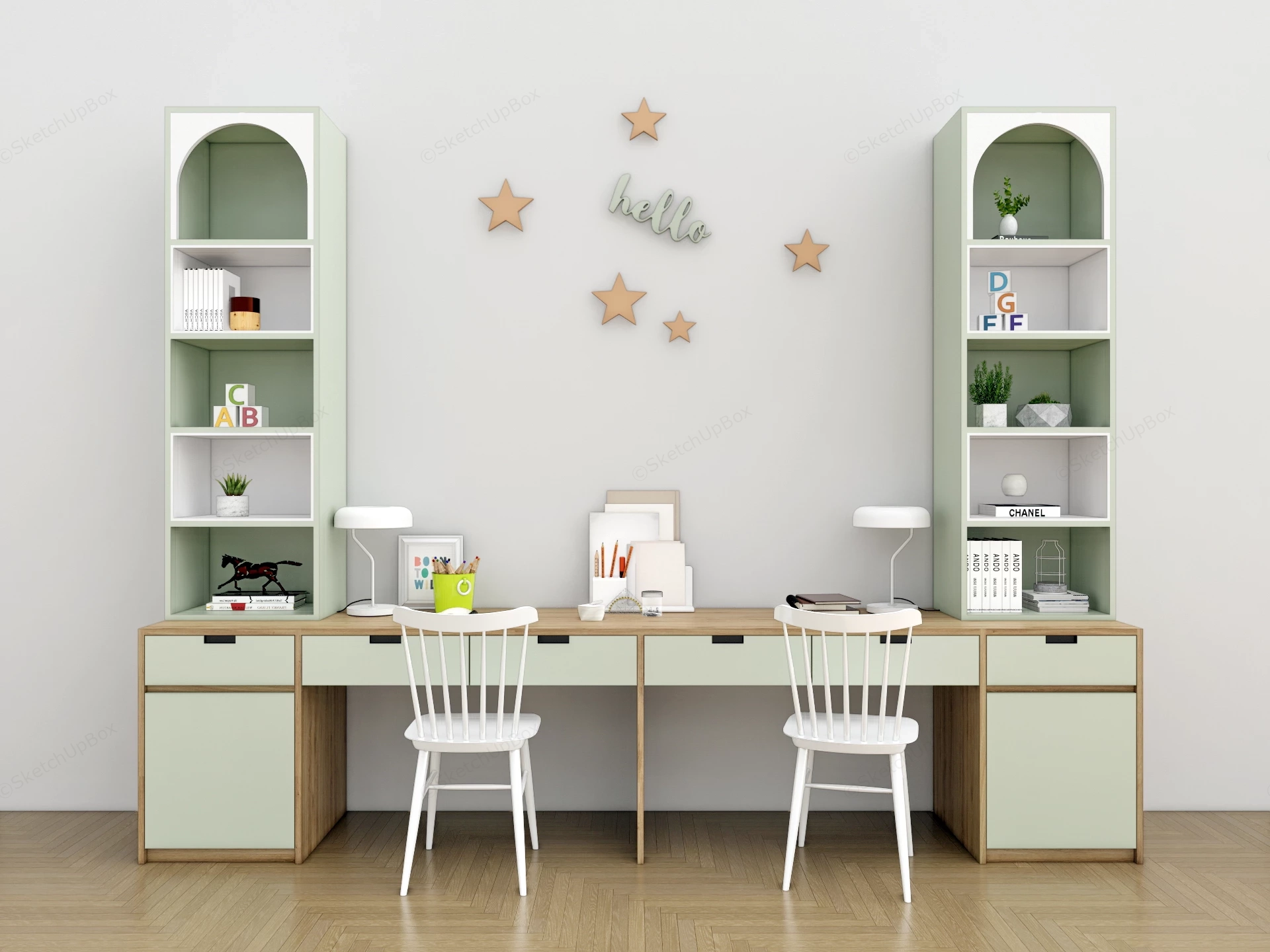 Modern Dual Study Desk And Storage Unit sketchup model preview - SketchupBox