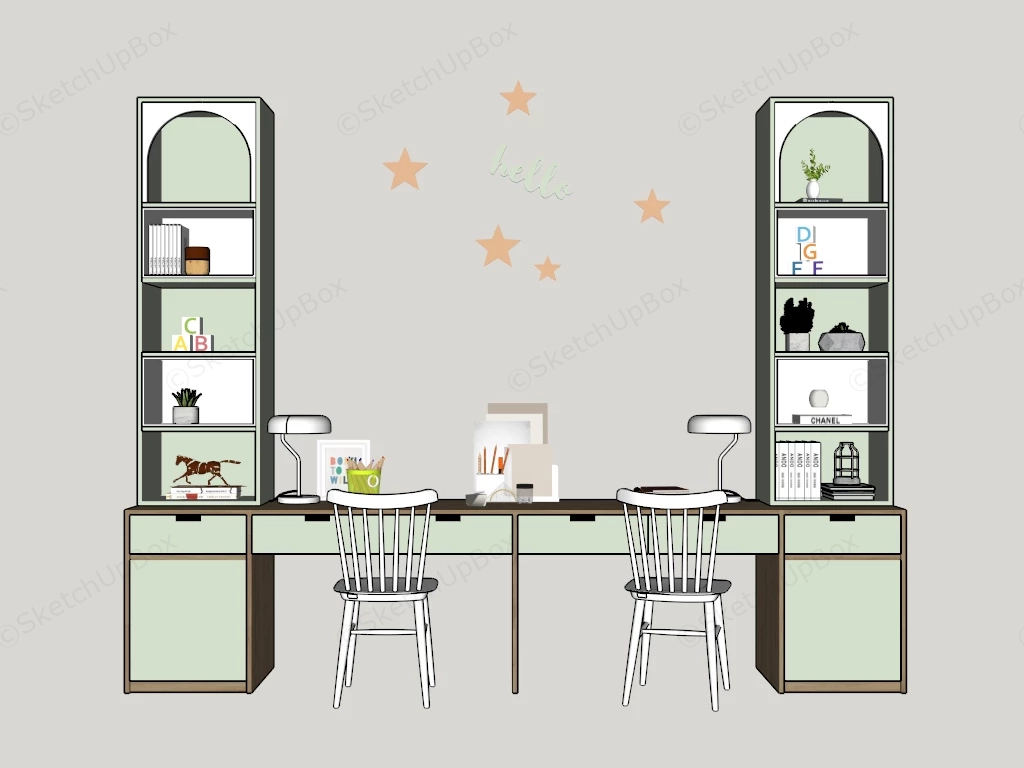 Modern Dual Study Desk And Storage Unit sketchup model preview - SketchupBox