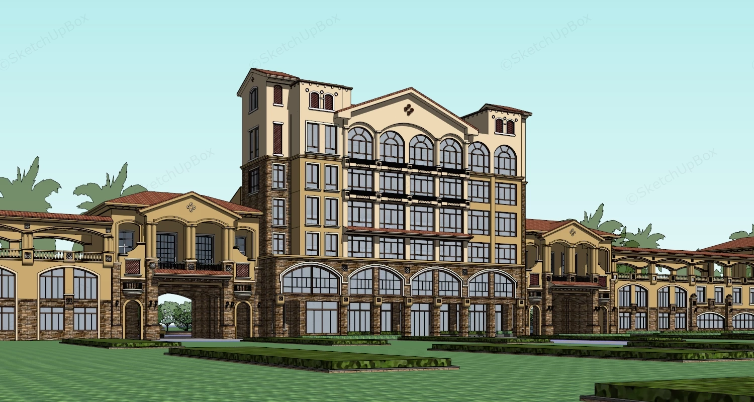Spanish Revival Style Resort Hotel sketchup model preview - SketchupBox